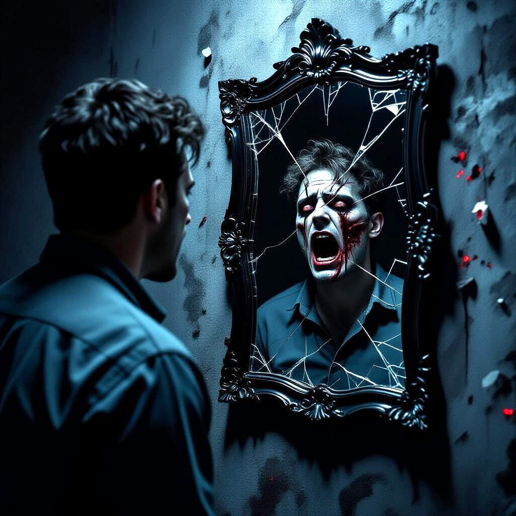 Despairing Man and Grotesque Reflection in Dark Mirror