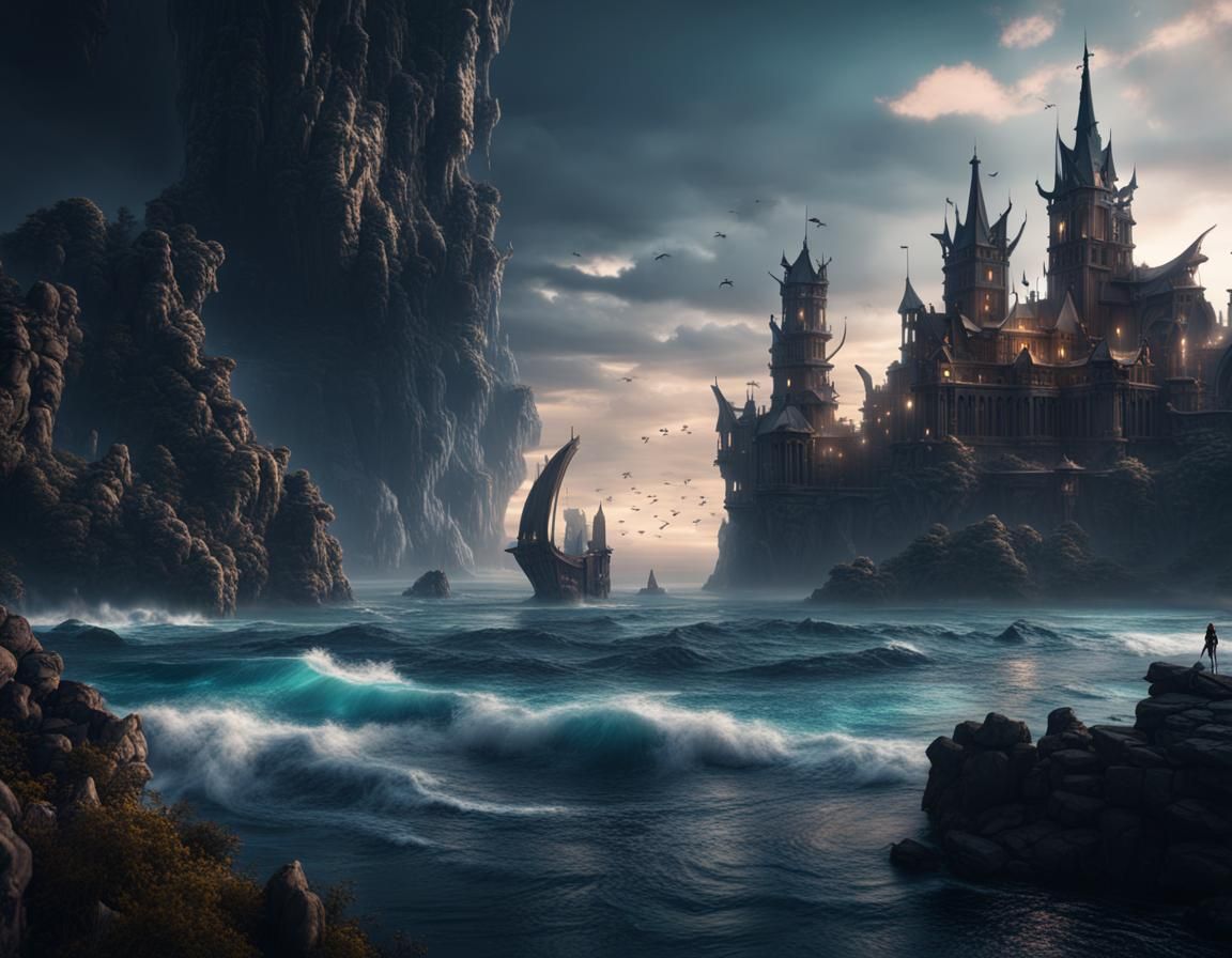 Dark Magical World with Beautiful Ocean in Detailed Matte Pa...