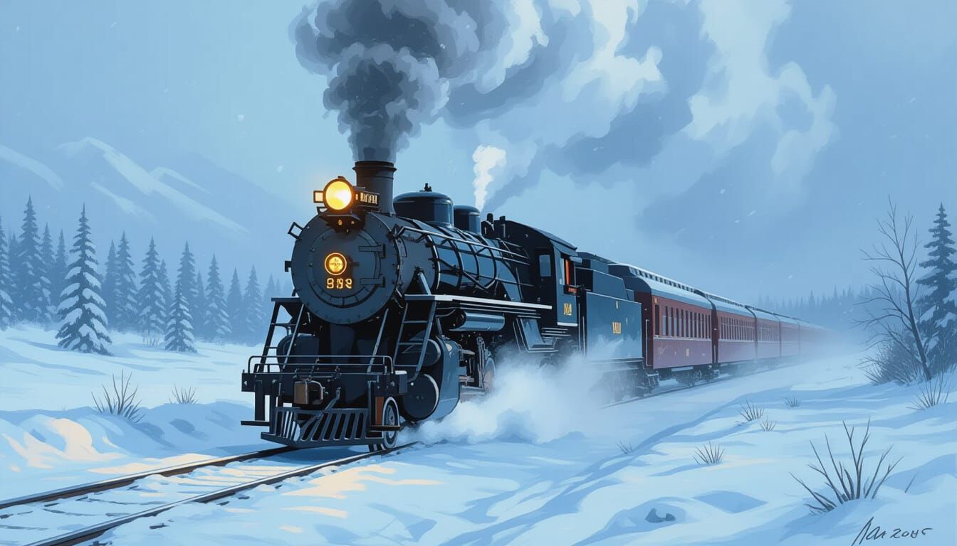 Majestic Steam Train in Winter Blizzard Oil Painting