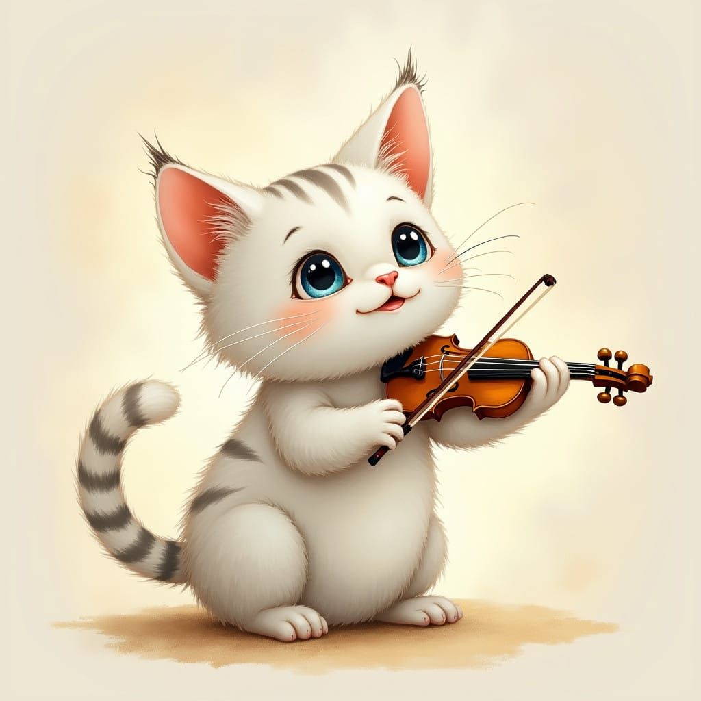 Whimsical Cat Plays Tiny Violin in Enchanting, Golden Lighti...