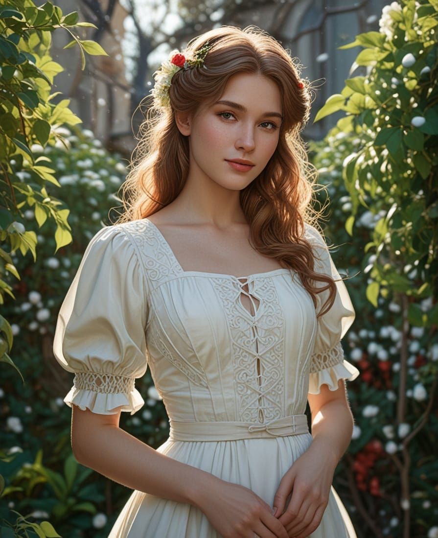 Girl in White Dress, Morning Garden Portrait
