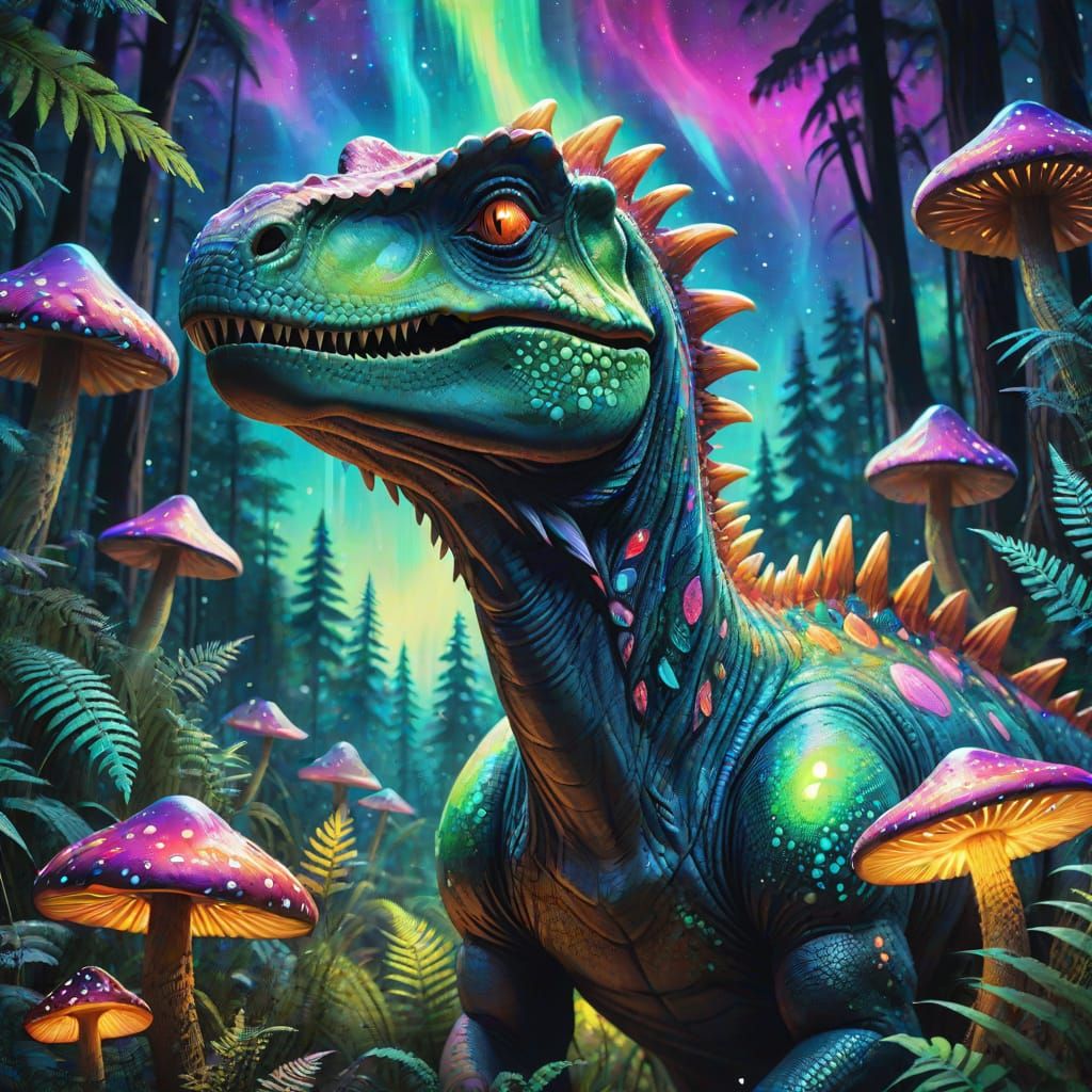 Cosmic Dinosaur in Psychedelic Forest