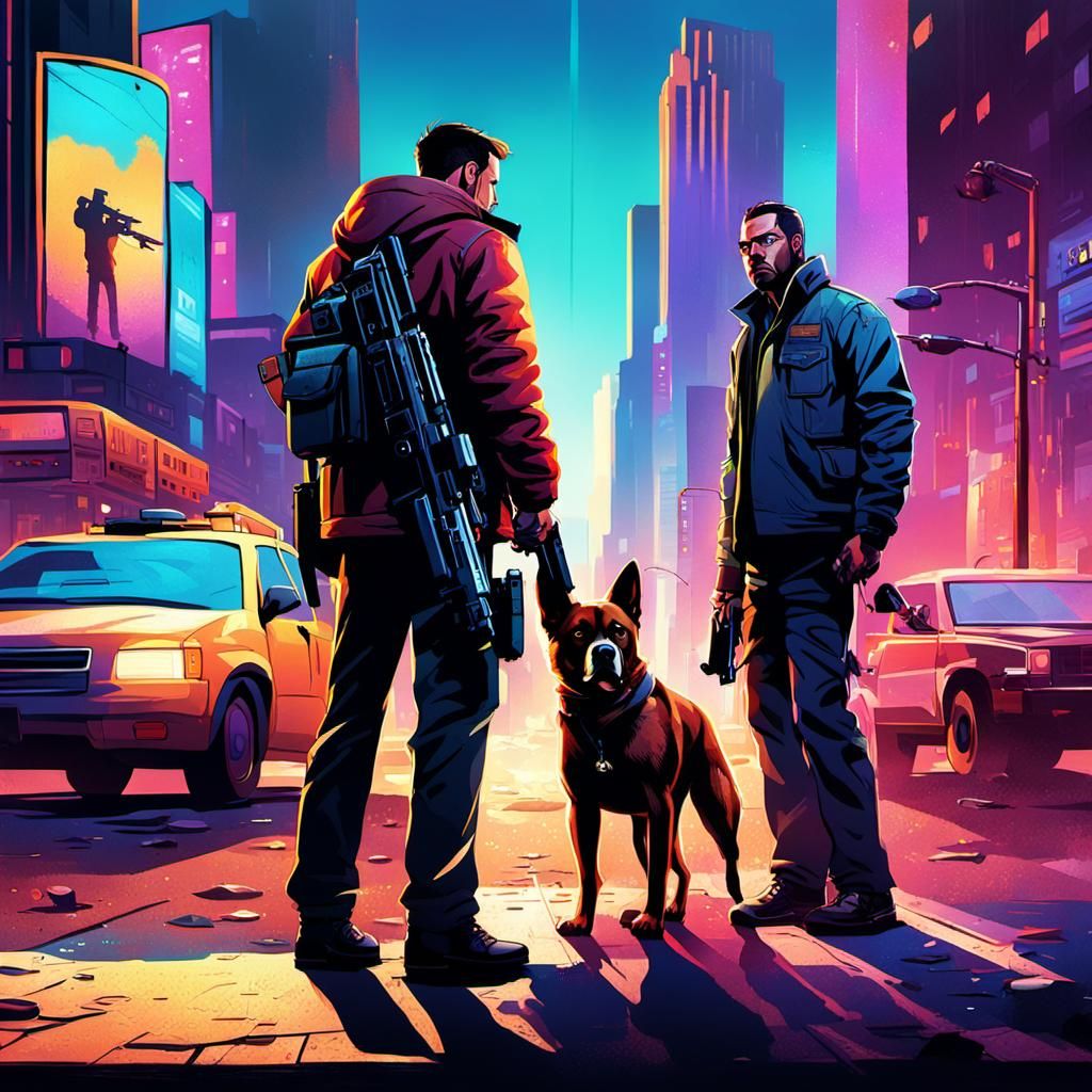 Hyperrealistic Man and Dog Guarding City