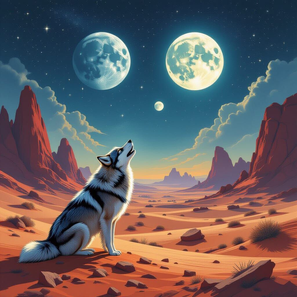 Starlight Wolf Howls at Twin Moons in Alien Desert