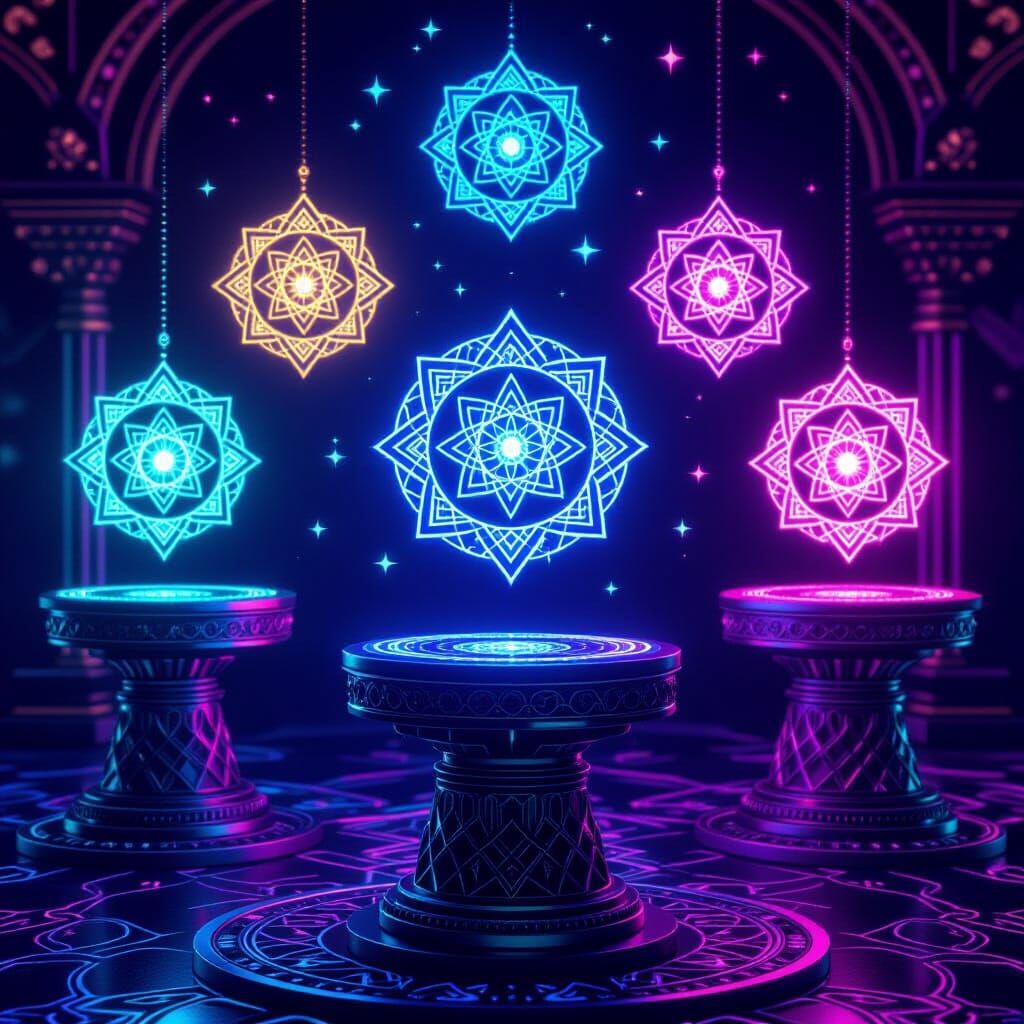 Glowing Sigil Icons on Fractal Pedestals