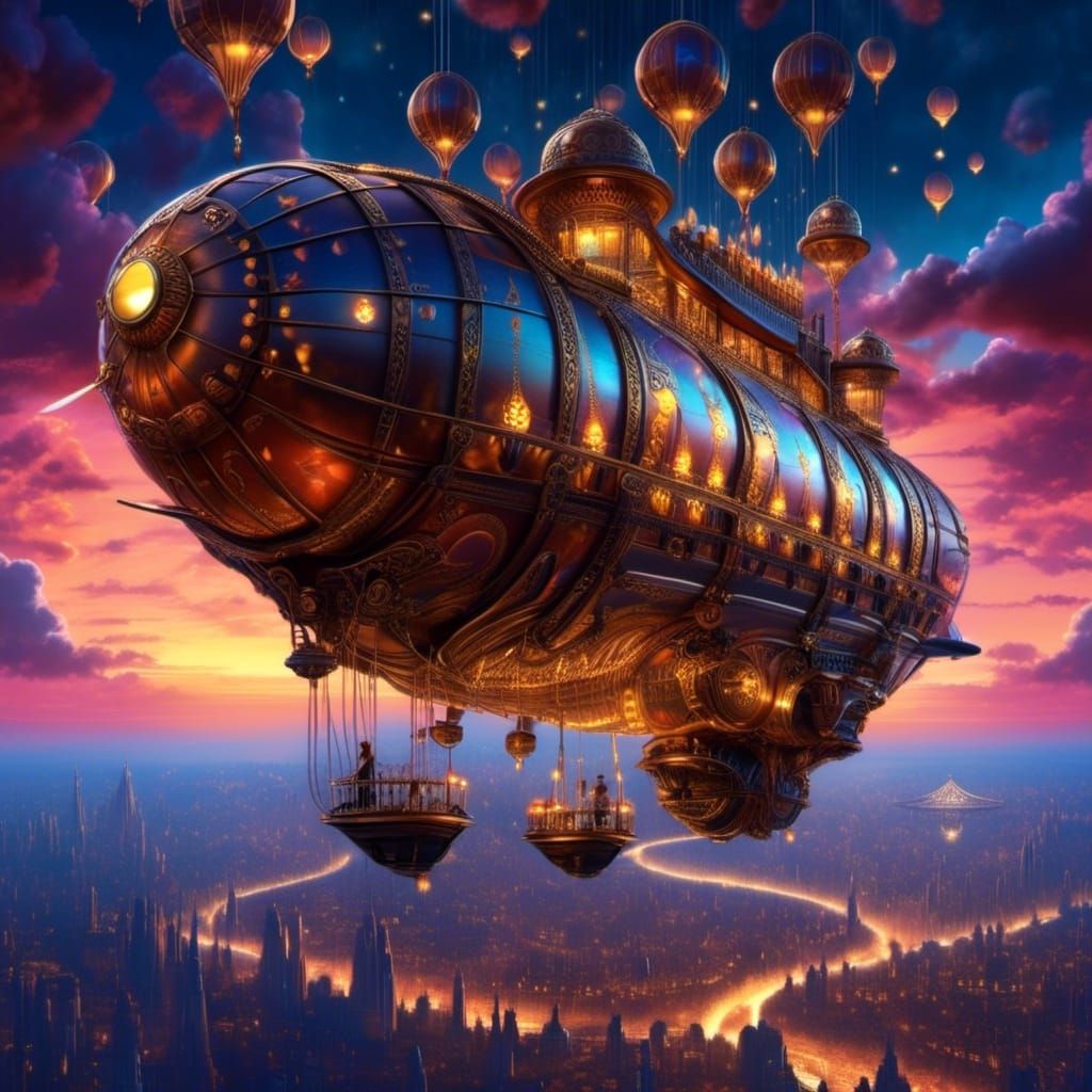 Steampunk Airship Soaring Through the Night Sky