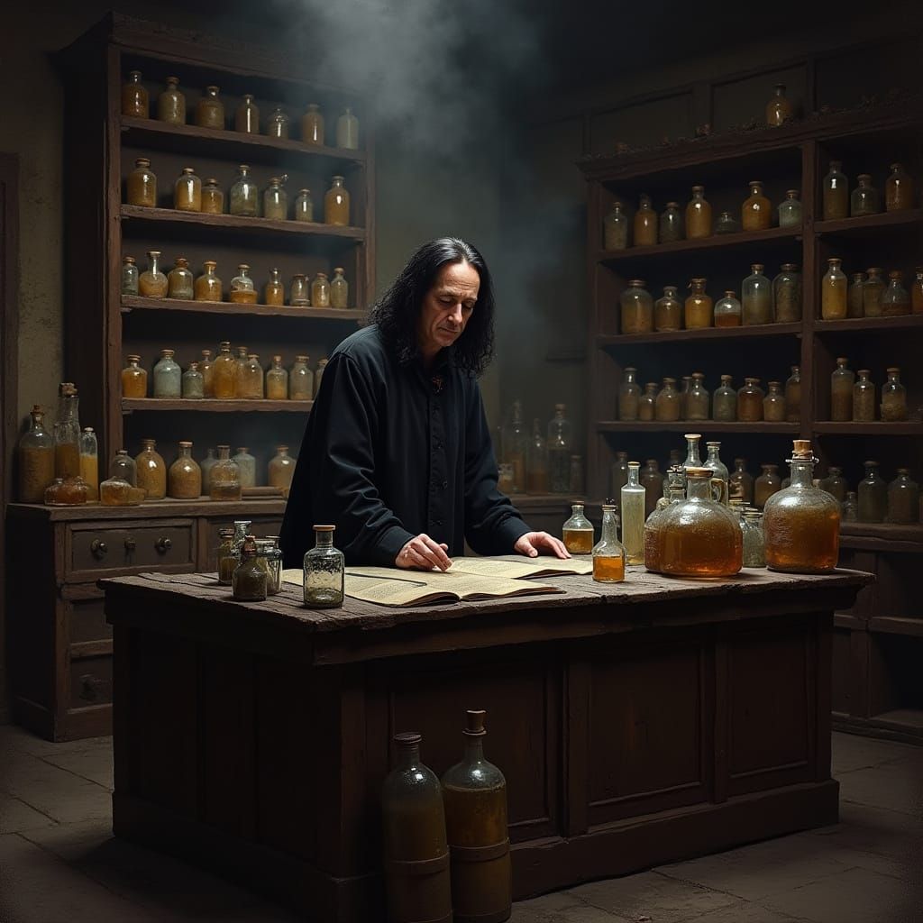 Snape in Dimly Lit Potions Classroom as Rembrandt Painting