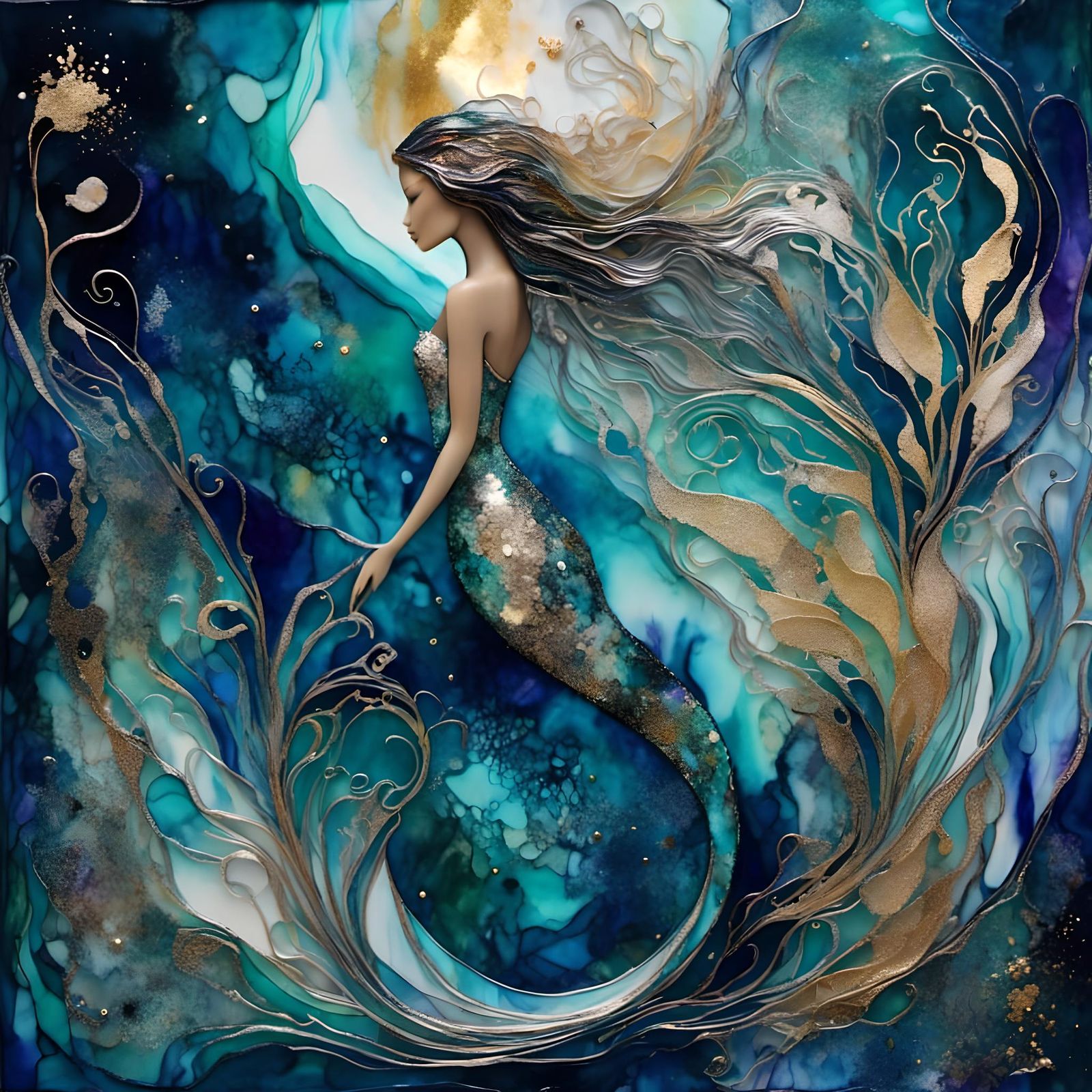 Cosmic Mermaid Seahorse in Alcohol Ink Style
