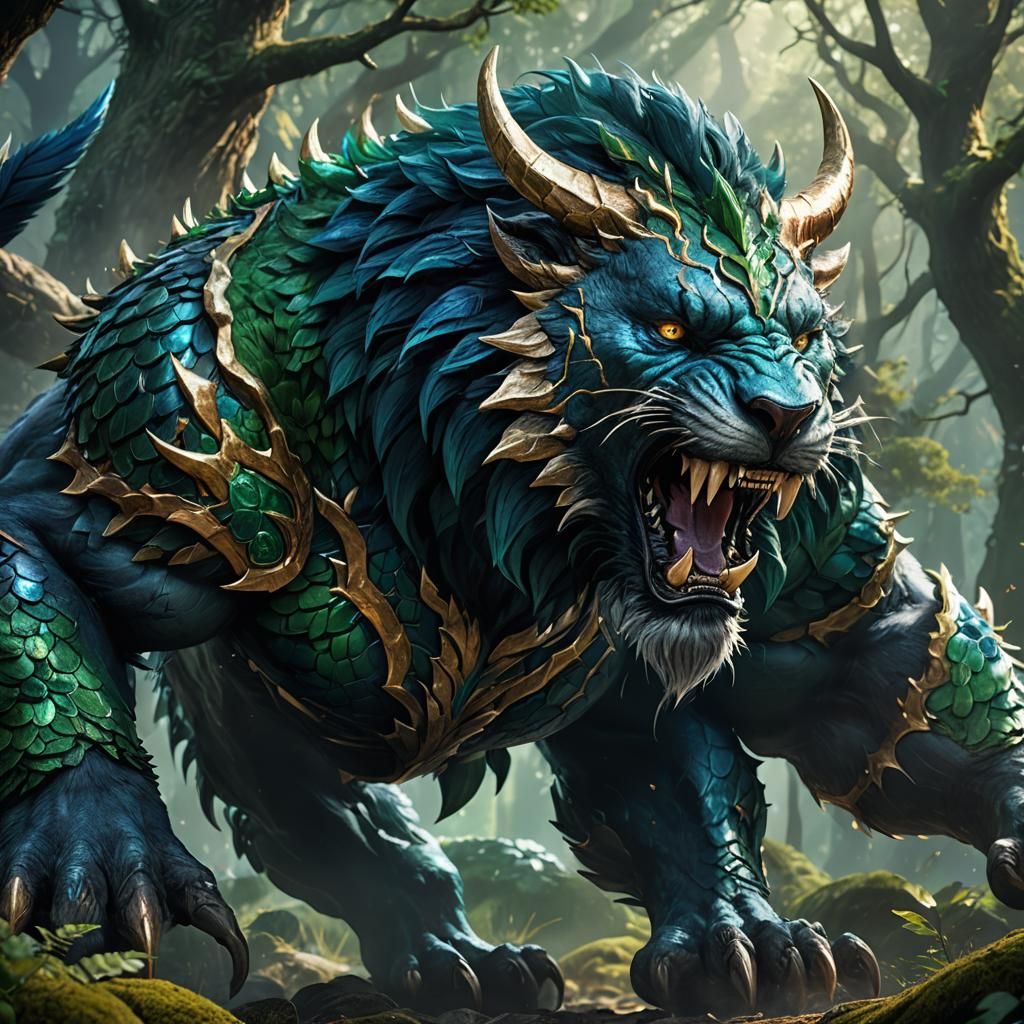 Battle Ready Beast Roaring in Mystical Forest