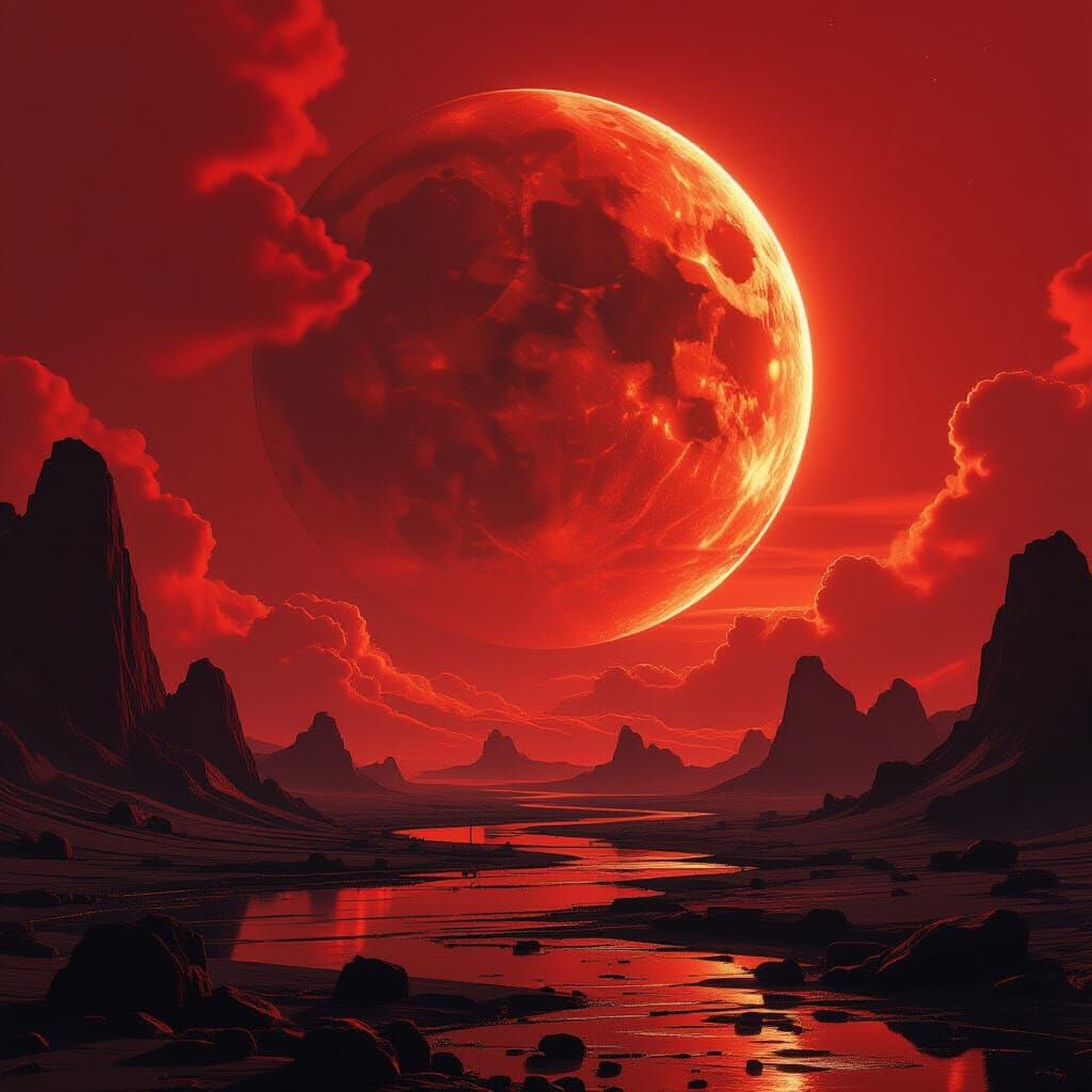 Dramatic Planetary Atmosphere with Red Sky