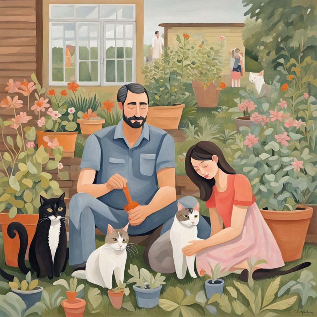 Family Gardening Scene in Gouache Style