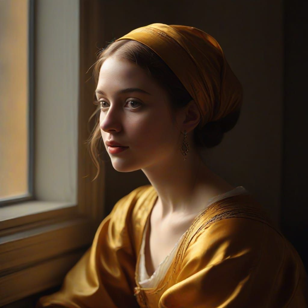 Renaissance Portrait of Girl in Golden Dress by Window