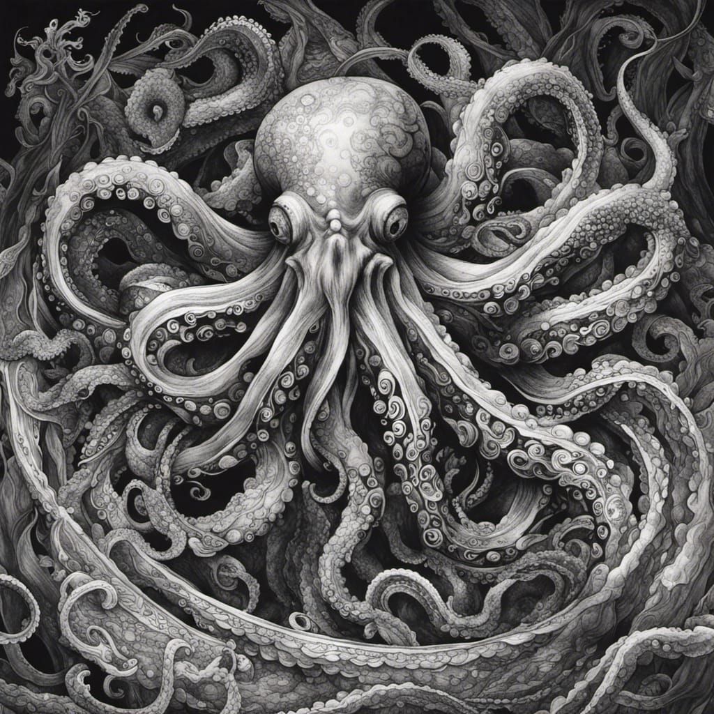 Dynamic Octopus in Japanese Ink Drawing