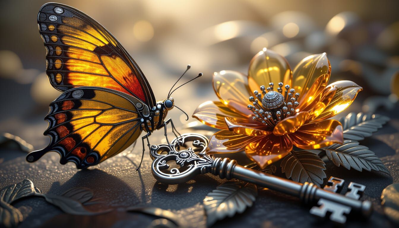Close-Up of Butterfly, Mechanical Flower, and Key in Silver ...