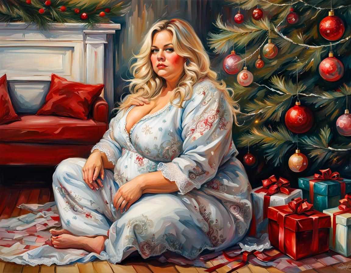 Festive Christmas Scene of Woman by Christmas Tree