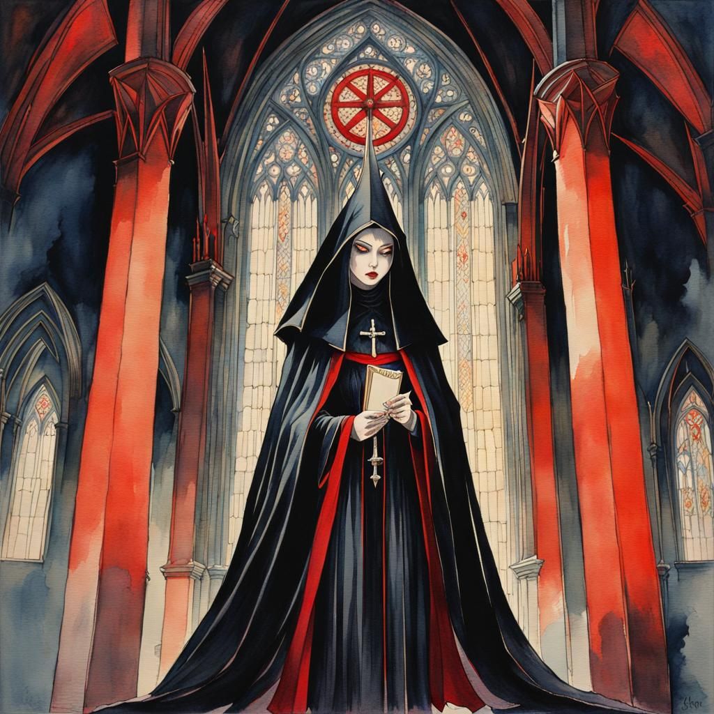 Vampire Nun in Gothic Cathedral, Watercolor Horror