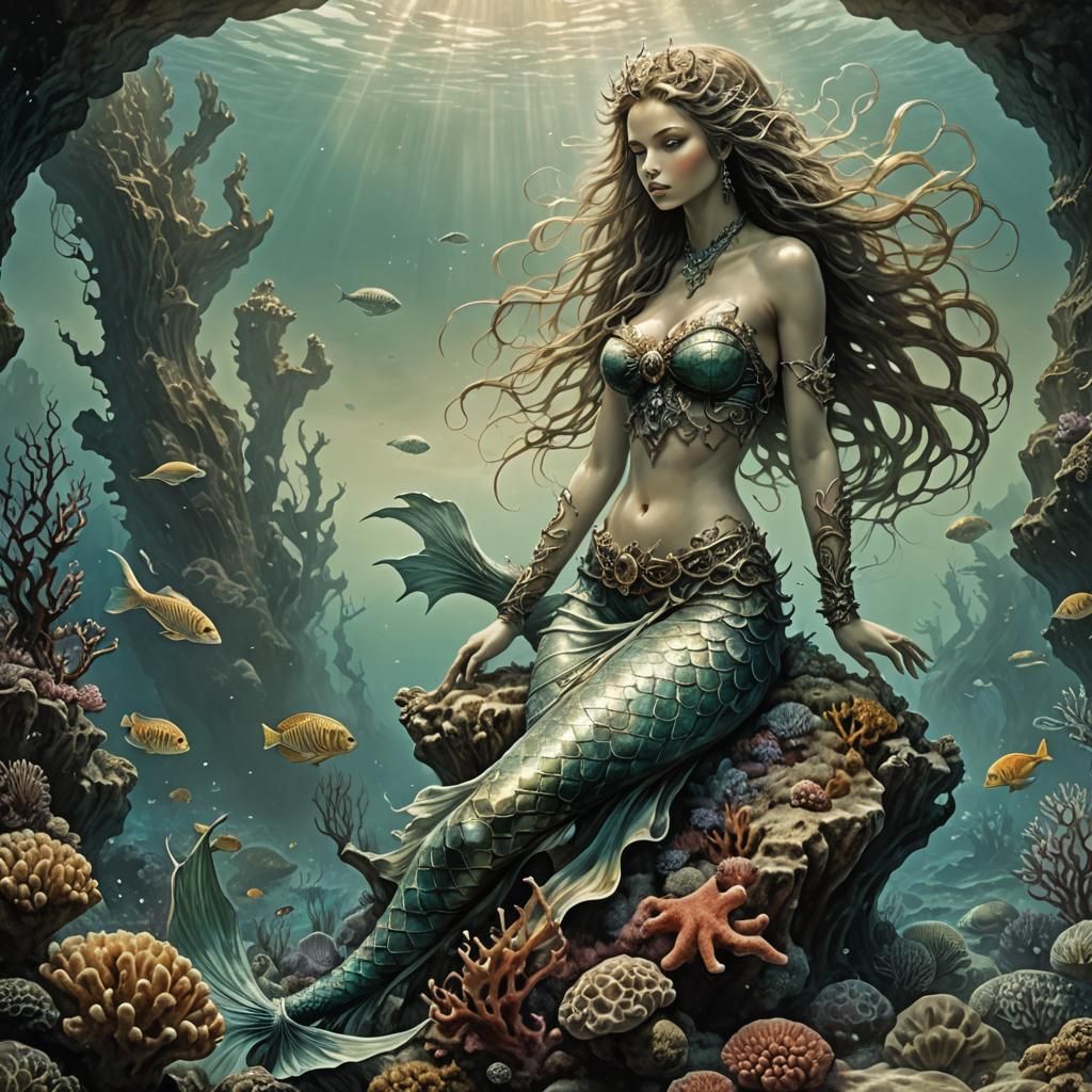 Mermaid on Coral Reef in Dark Fantasy Style