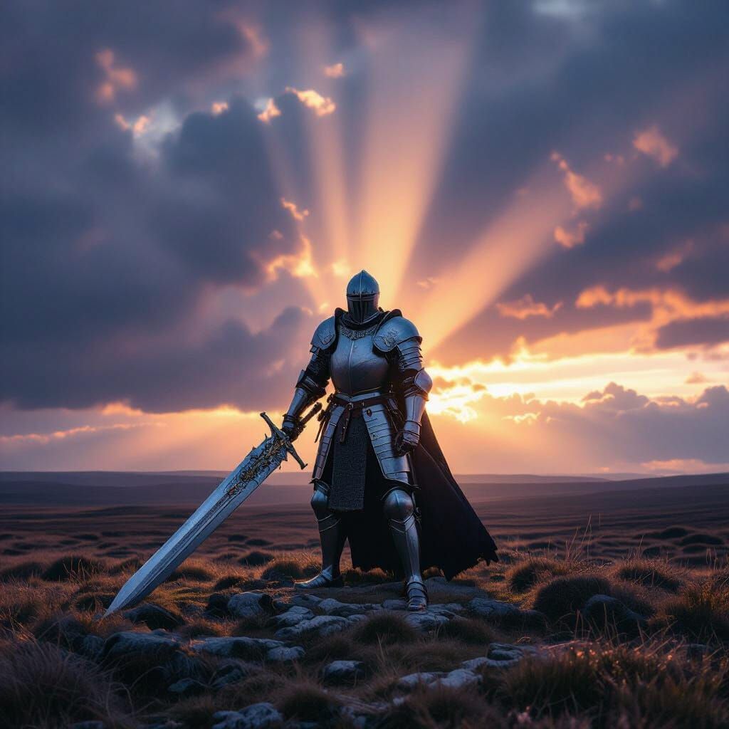 Knight on Moor at Sunset, Cinematic Style