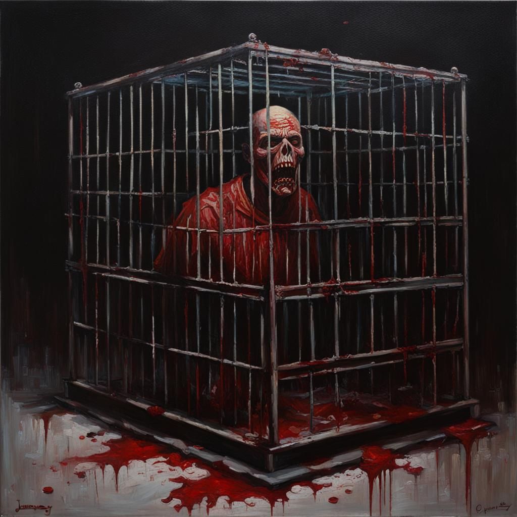 Horror Image: Metal Cage in Dark, Bloody Oil Painting