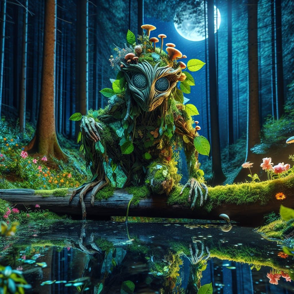 Friendly Forest Spirit Crouches Beside Tranquil Water Pool