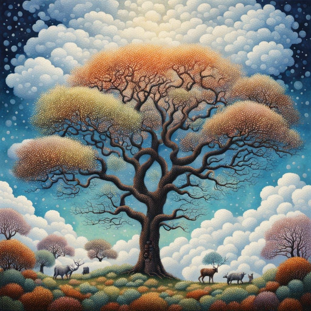 Pointillist Trees and Animals Under Clouds