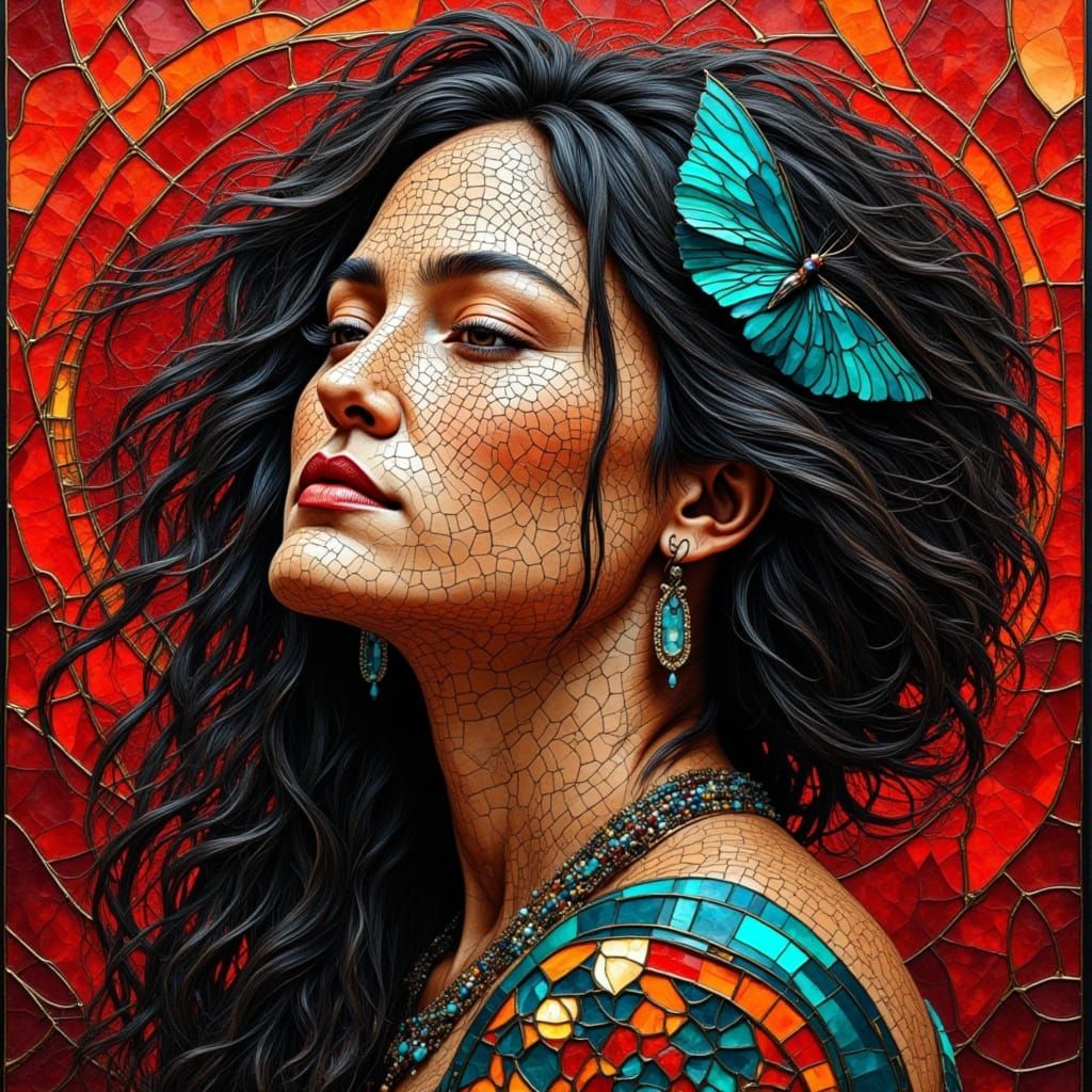 Stained Glass Portrait of Emotional Numbness with Gold Kints...