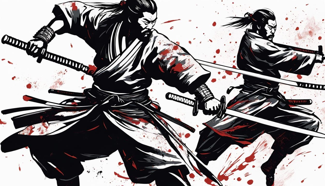 Monochrome Samurai Battle Illustration with Ink Splashes