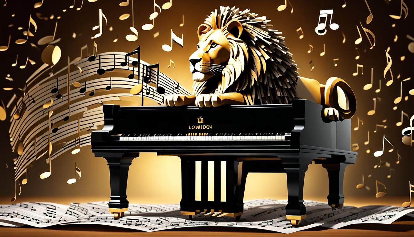 Musical Lion on Piano: Hyperrealistic Paper Art