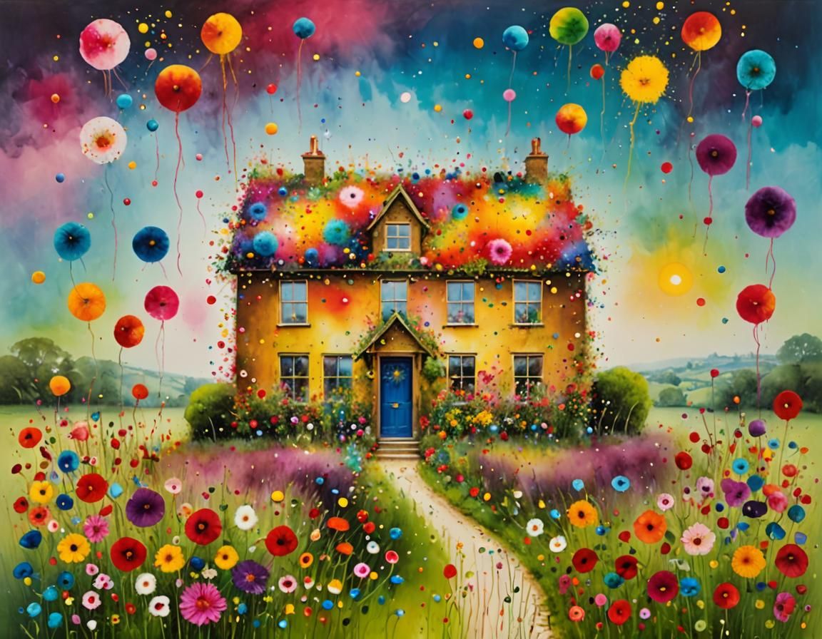 Idyllic House in a Floral Landscape, Impressionistic Style