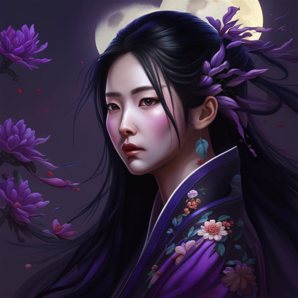Chinese Woman with Purple Flowers, Hyperrealistic Art
