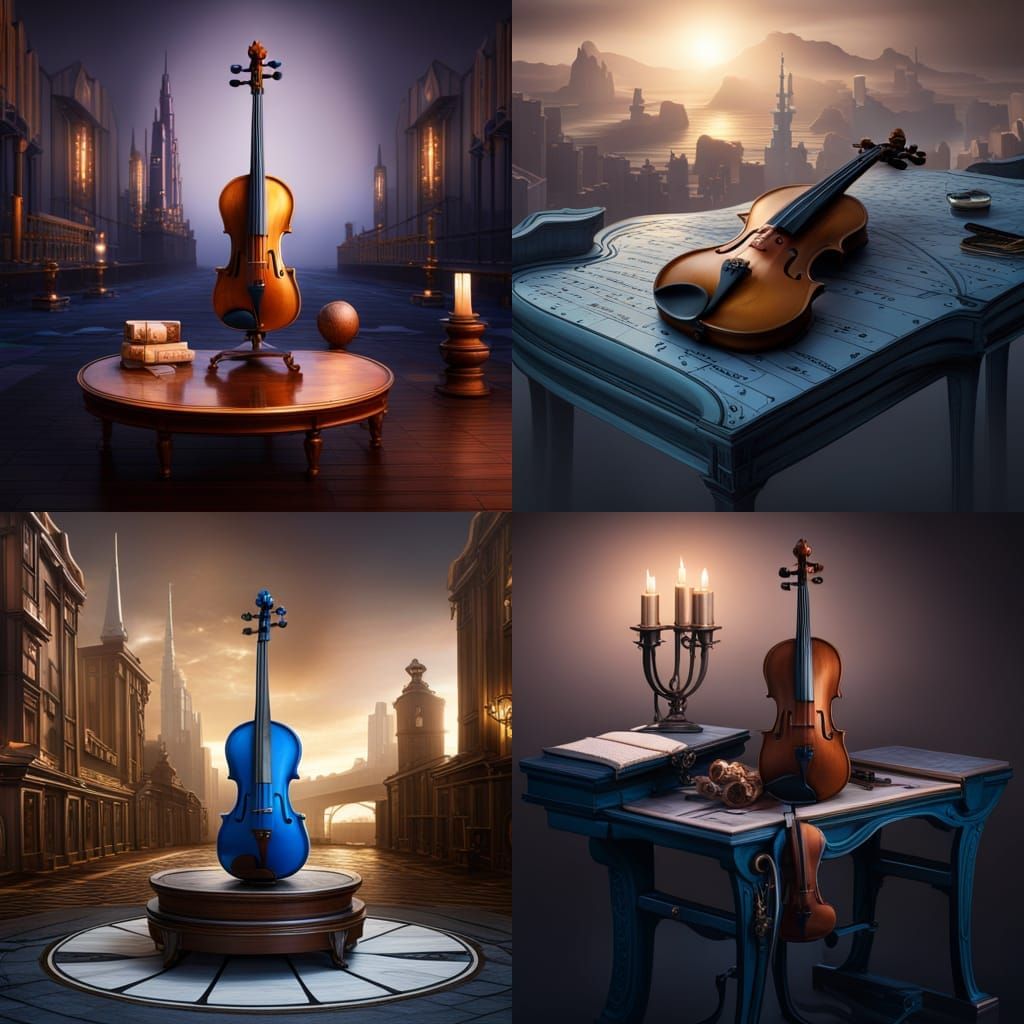 Blue Violin on Table: Detailed Matte Painting