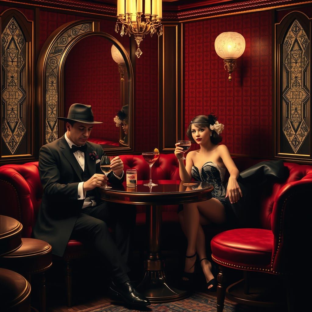 1920s Mafia in Art Deco Cabaret, Hyperrealistic