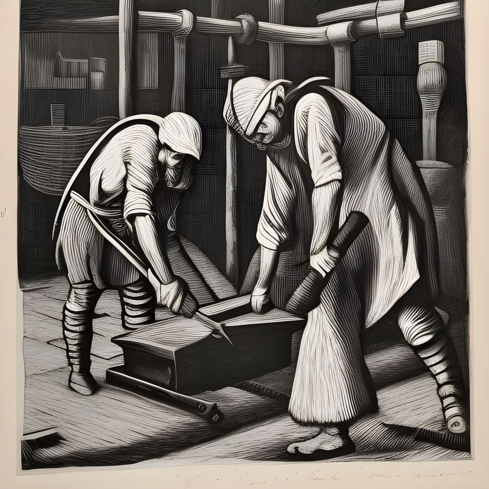 Checkered Workers Forging Wheel as Linocut Drawing