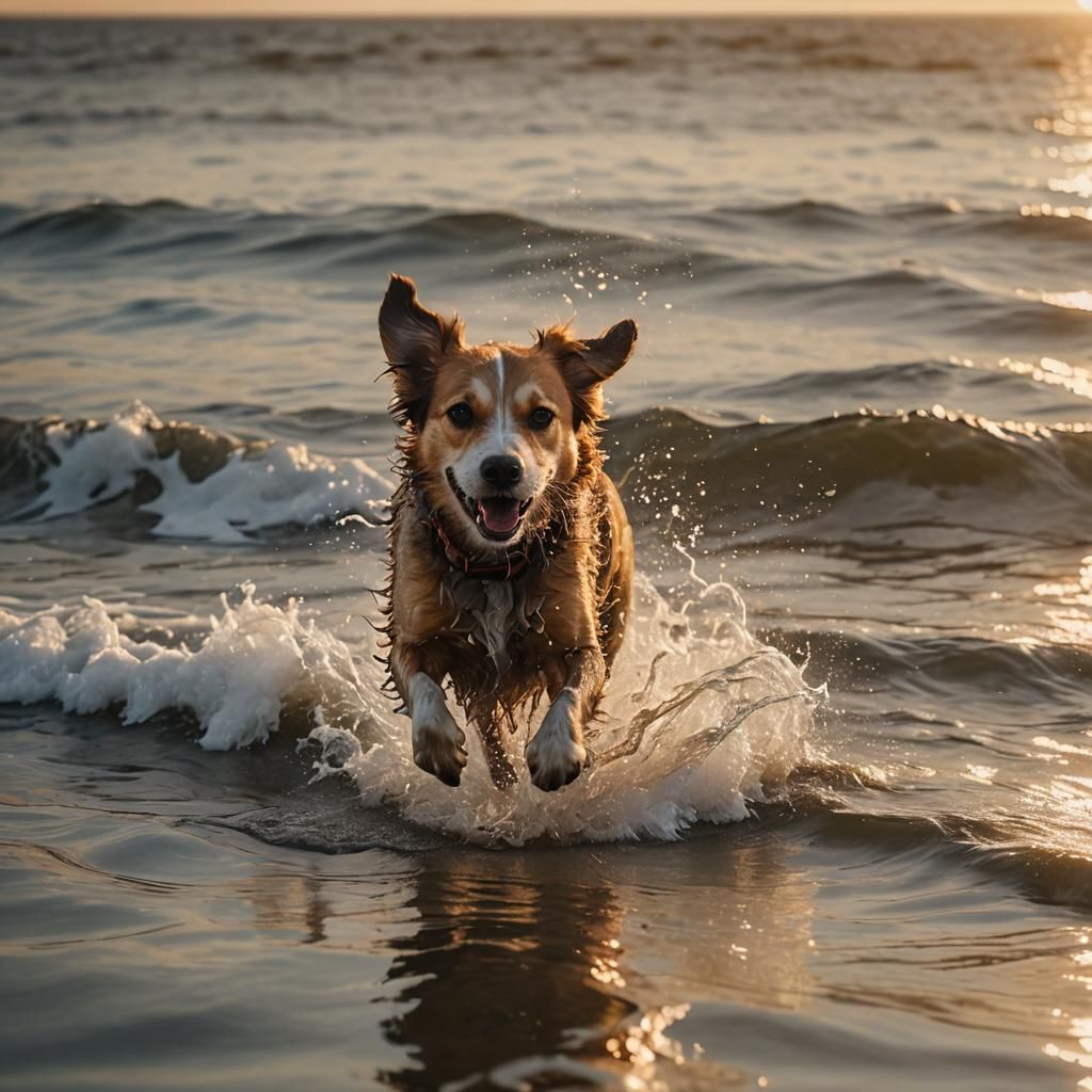Dog Runs on Water at Sunset: Cinematic Photography