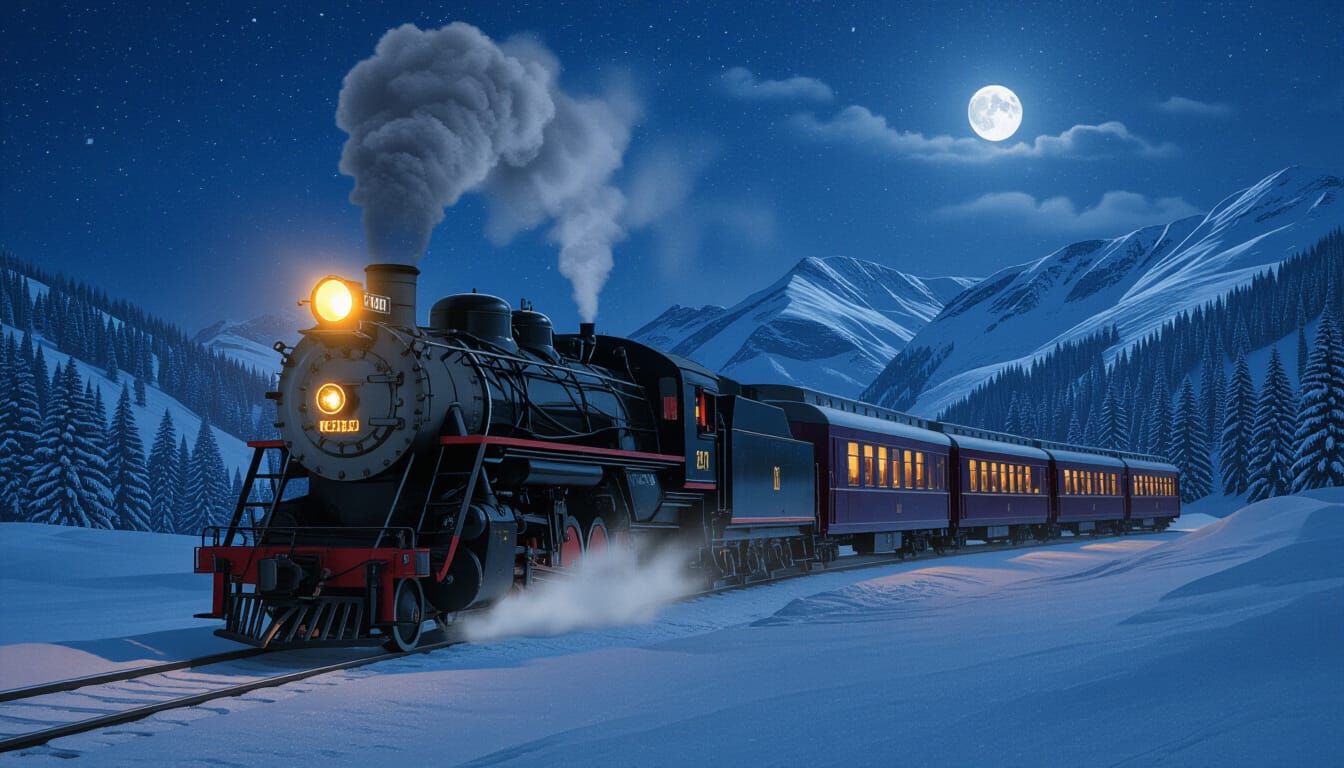 Vintage Steam Train in Snowy Mountain Pass at Night