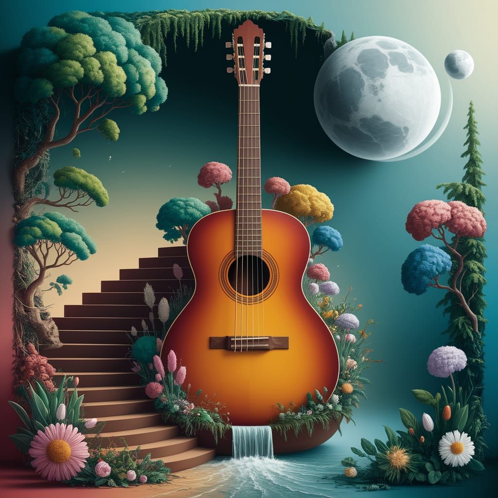 Dreamlike Guitar with Waterfall and Lush Nature Scene