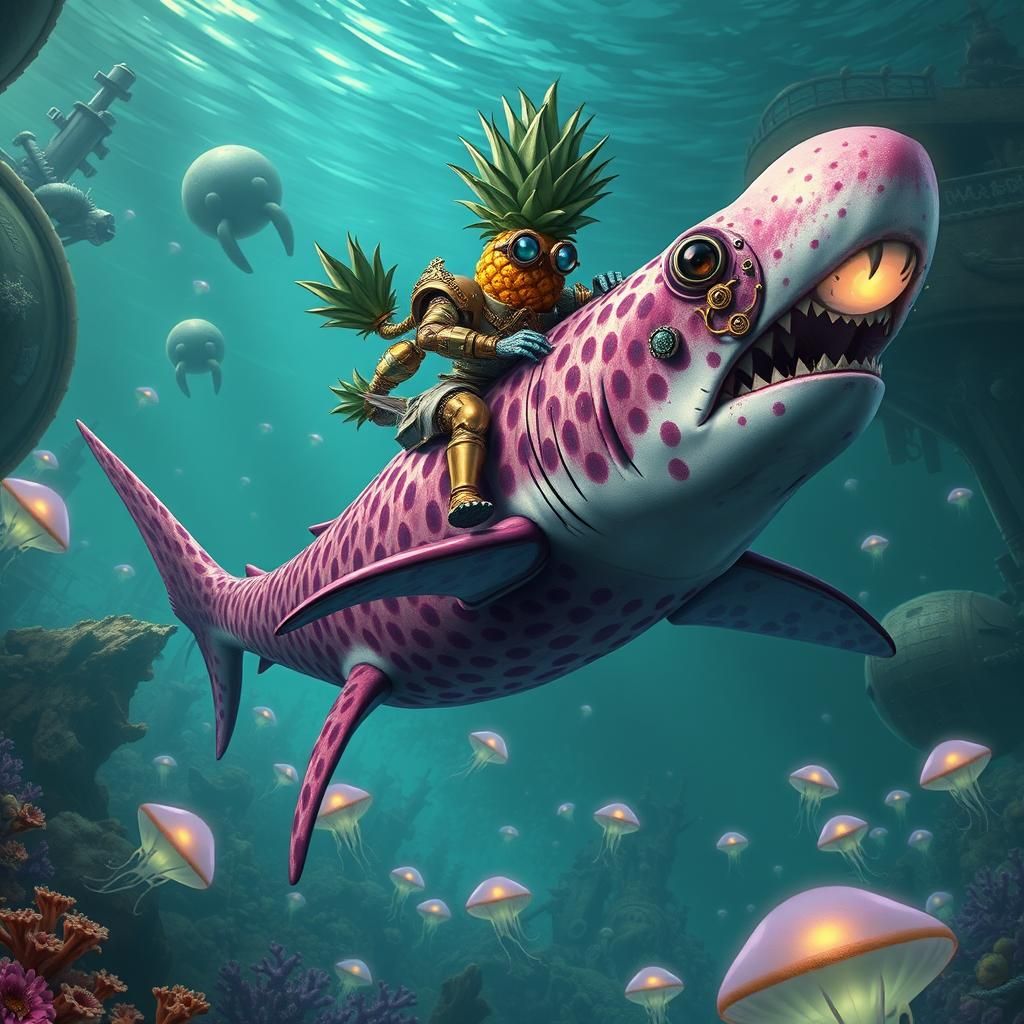 Cyborg Pineapple Rides Shark in Steampunk City