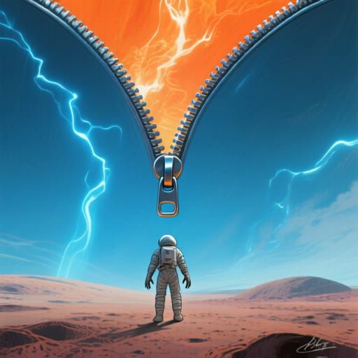 Astronaut and Sky Zipper on Alien Planet