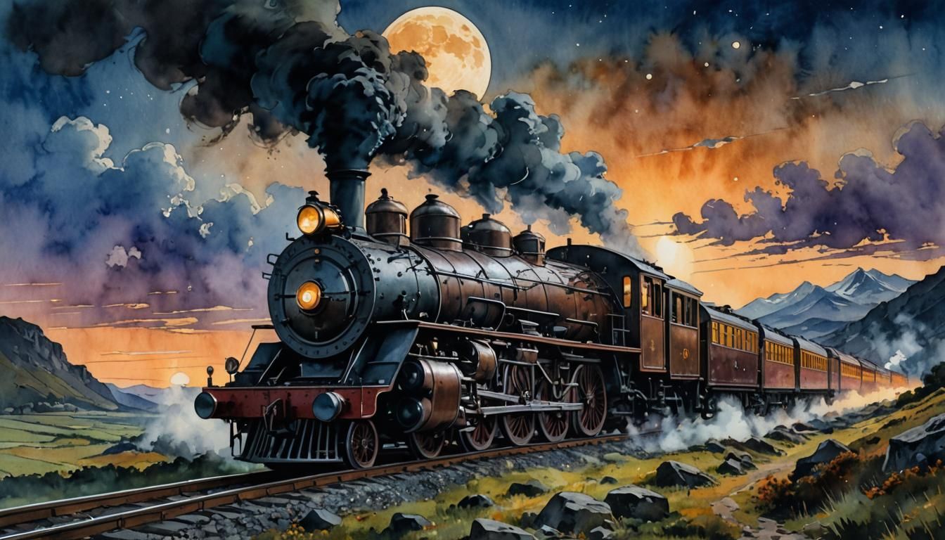 Moonlit Steam Train: Watercolor Concept Art