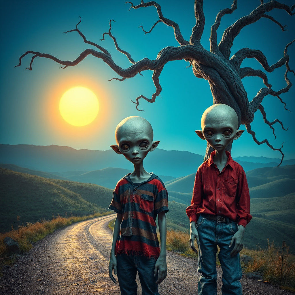 Eerie Children by Ancient Tree in Beksiński Style