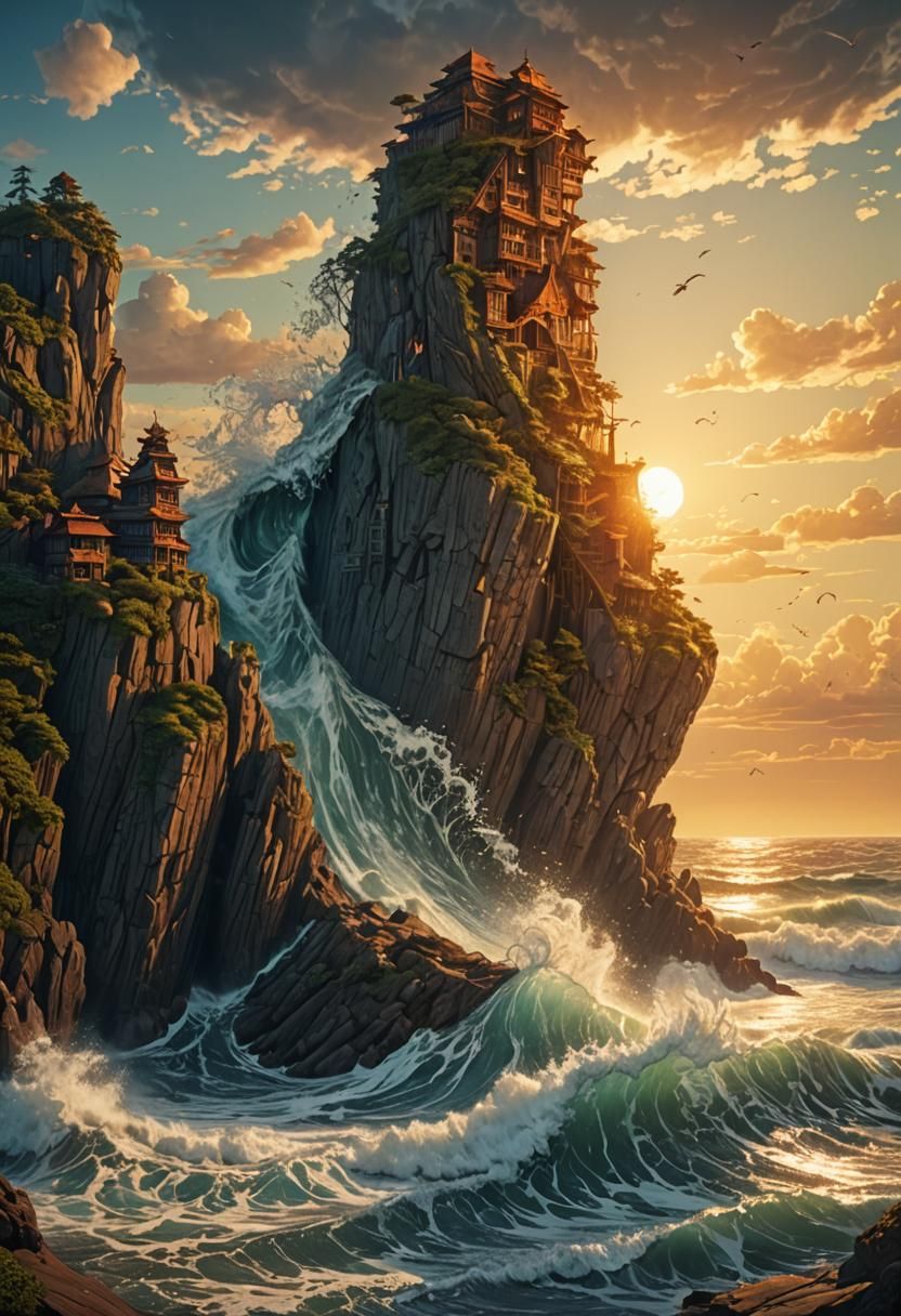 Woodblock Beach Scene with Waves and Sun