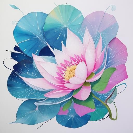 Modern Ink Lotus Flower, Heron, and Bonsai