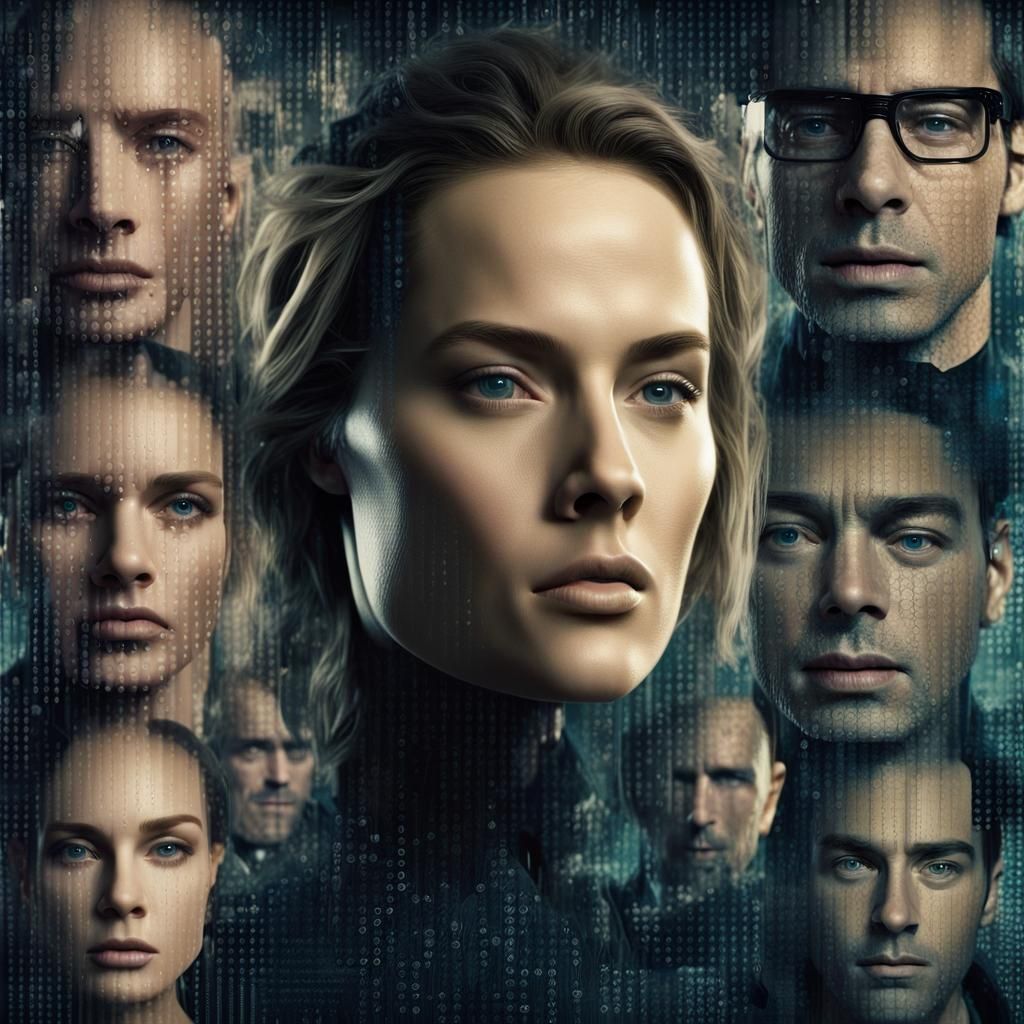 A visually dynamic digital collage showcasing multiple celebrity faces morphing and shifting into binary code, creating ...