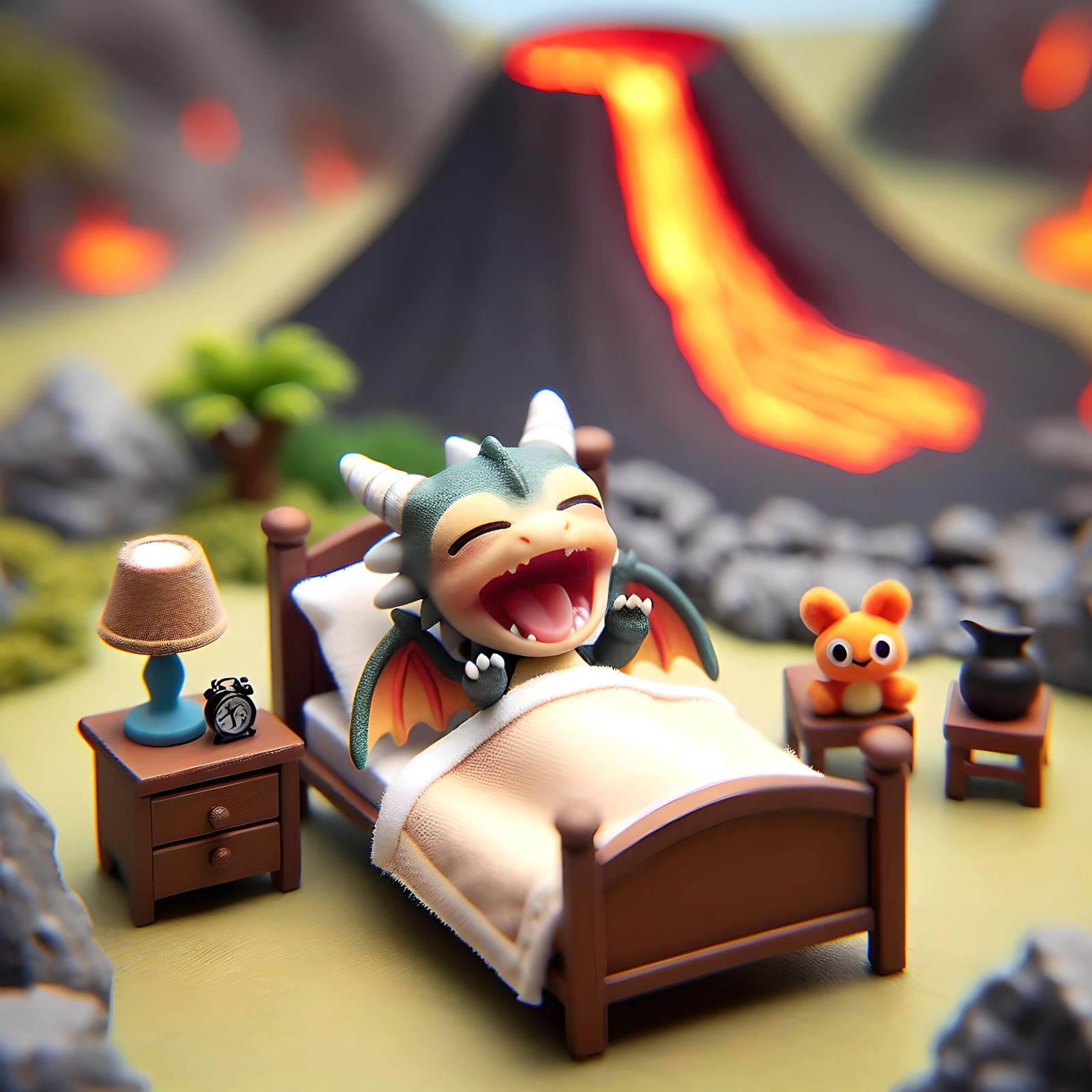 Charming Chibi Dragon Waking Up by Volcano