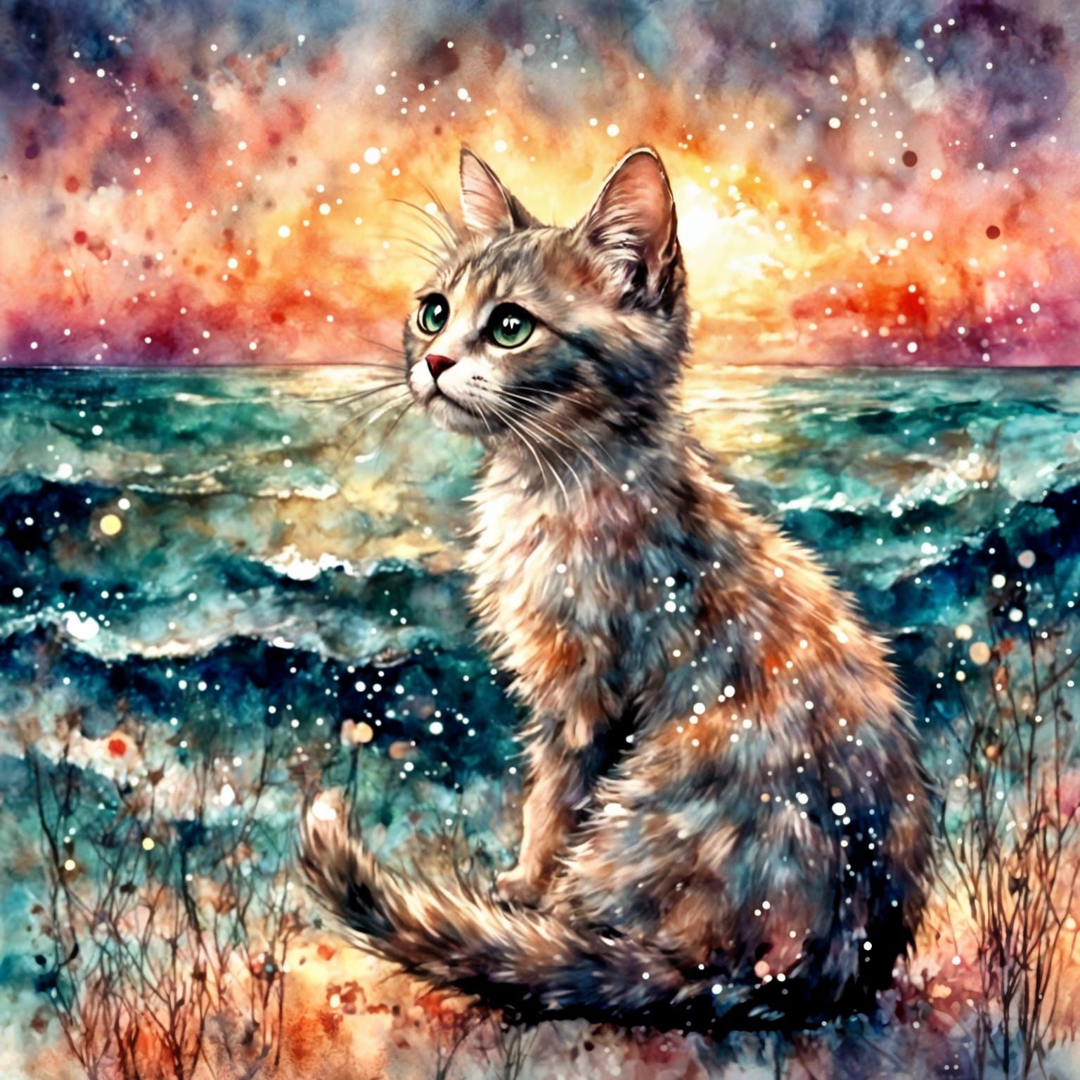 Pearl Cat at Sunset: Vivid Pastel Illustration