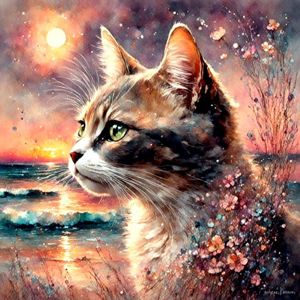 Pearl Cat at Sunset: Vintage Pastel Illustration