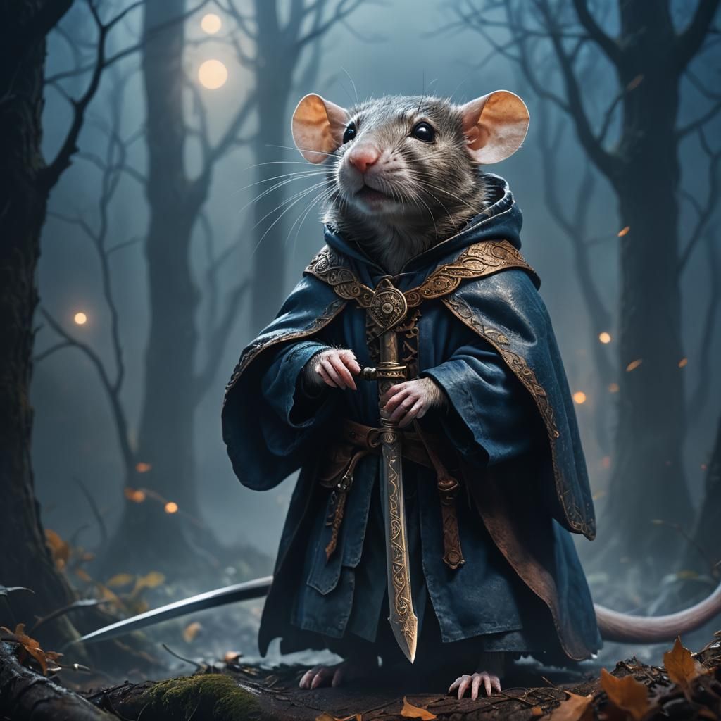Rat Warrior in Misty Forest, Detailed Matte Painting