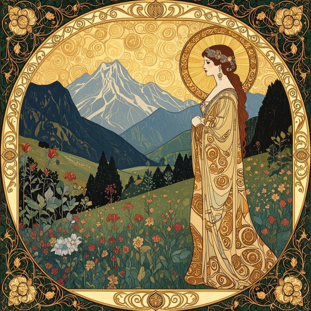 Art Nouveau Landscape with Gold Accents