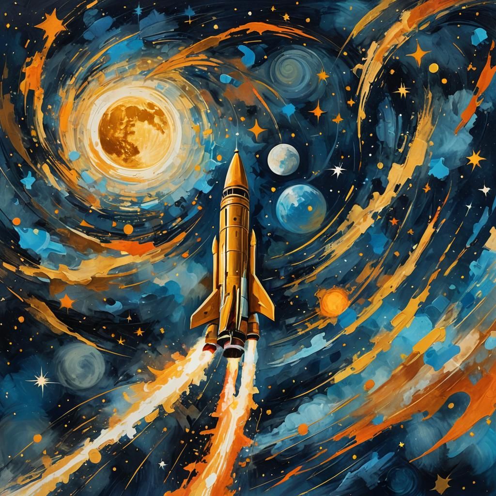Golden Rocket Soars in Abstract Expressionist Space Art