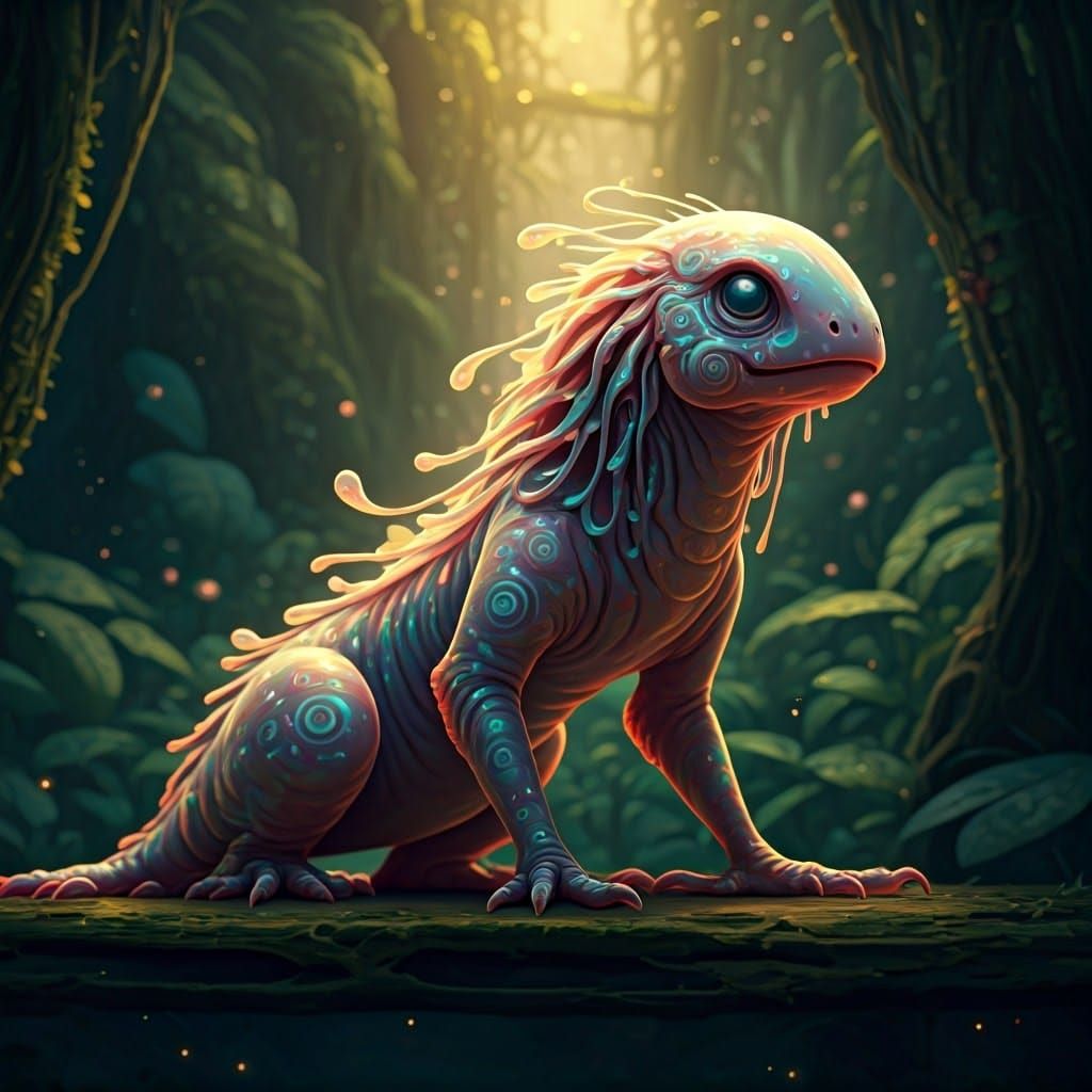 Iridescent Blorp Creature in Lush Environment